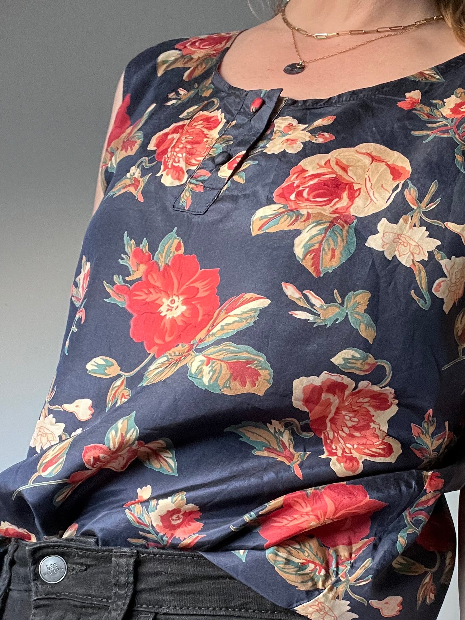 vintage silk sleeveless top with floral rose print