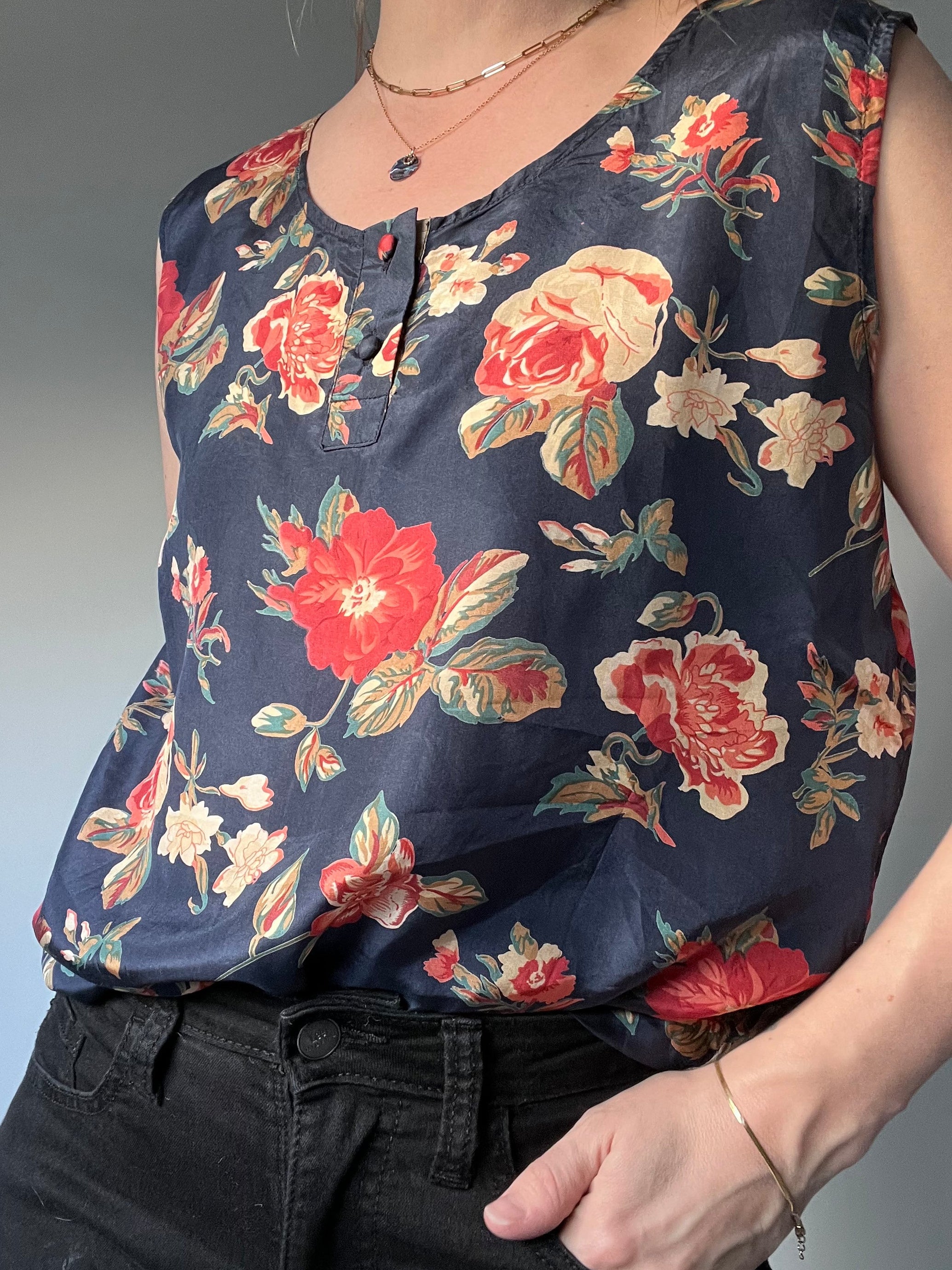vintage silk sleeveless top with floral rose print
