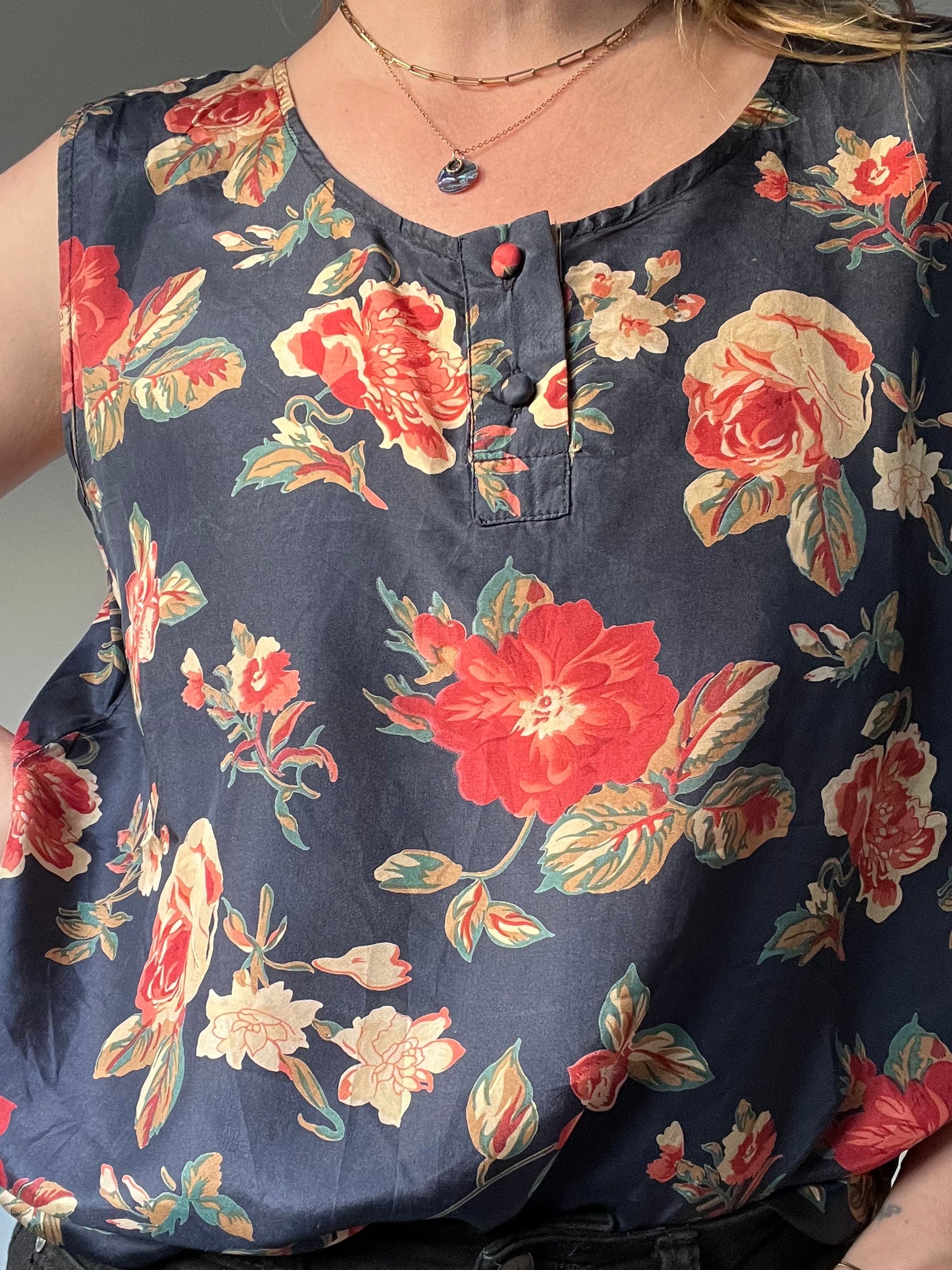 vintage silk sleeveless top with floral rose print