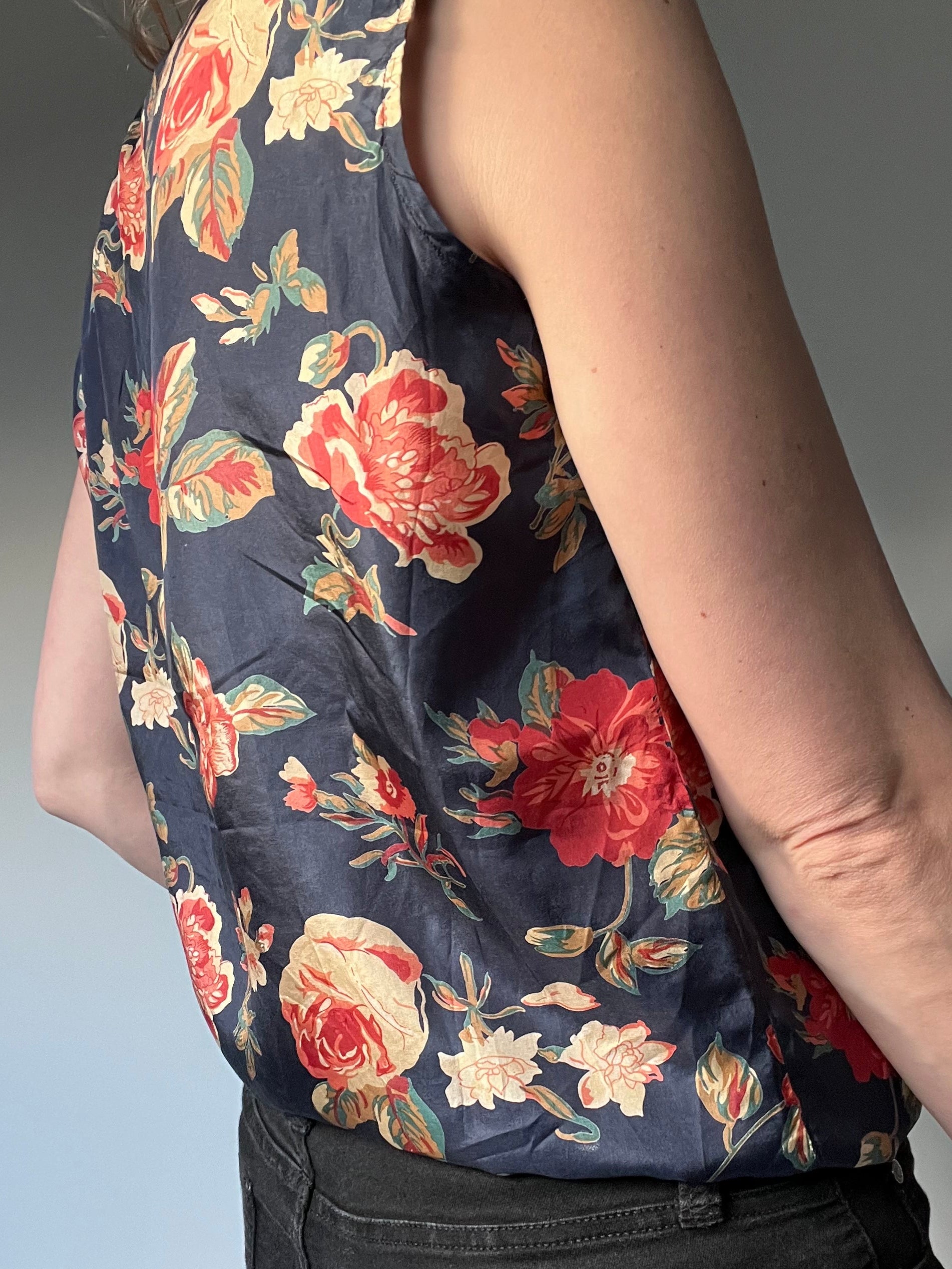 vintage silk sleeveless top with floral rose print
